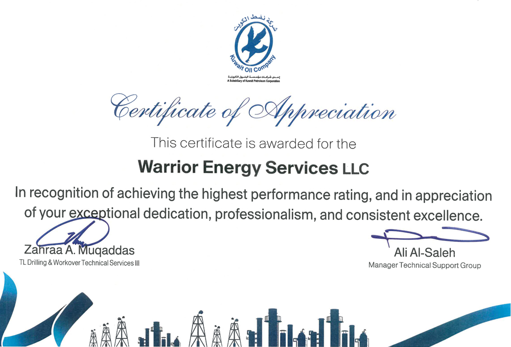 Service quality award certificate from Kuwait Oil Company